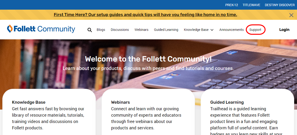 Follett Community homepage with Support highlighted.